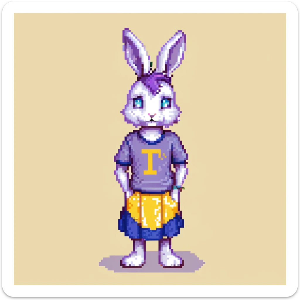 furry anthro male bunny with purple hair, blue eyes, purple and white fur, t-shirt and skirt, pixel art style, standing pose sticker