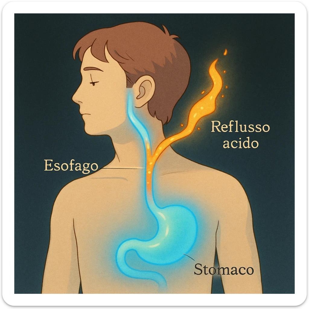 Medical illustration: profile of a man, highlighted esophagus, acid rising, Italian labels ('Esofago', 'Stomaco', 'Reflusso acido'). Dark background, clear style. sticker