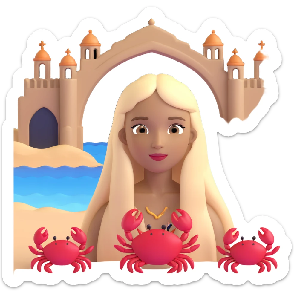 woman with long straight darker blonde hair, light brown skin, with the three iconic arches of Atalaia Beach (Aracaju-SE) in the background, and a small crab as a detail near her sticker