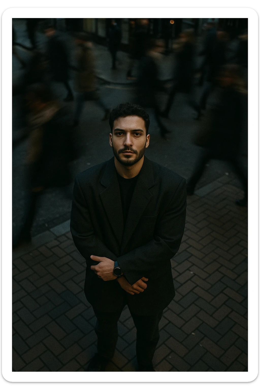 overhead shot of me standing still on a brick city sidewalk, wearing a dark oversized blazer,
motion-blurred crowd rushes past around me. Moody lighting, 35mm film look, shallow depth of field, sharp focus on me. sticker