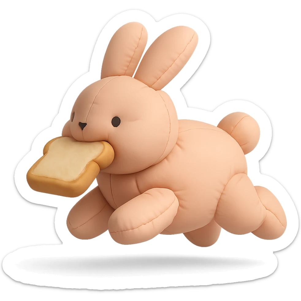 full-body peach bunny running with toast in mouth in cushion style sticker