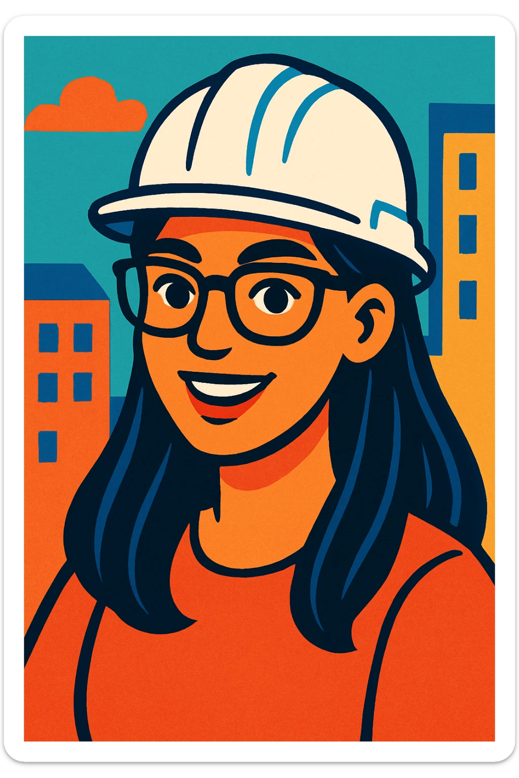 A woman with long, straight black hair, wearing glasses and a white architect's helmet sticker