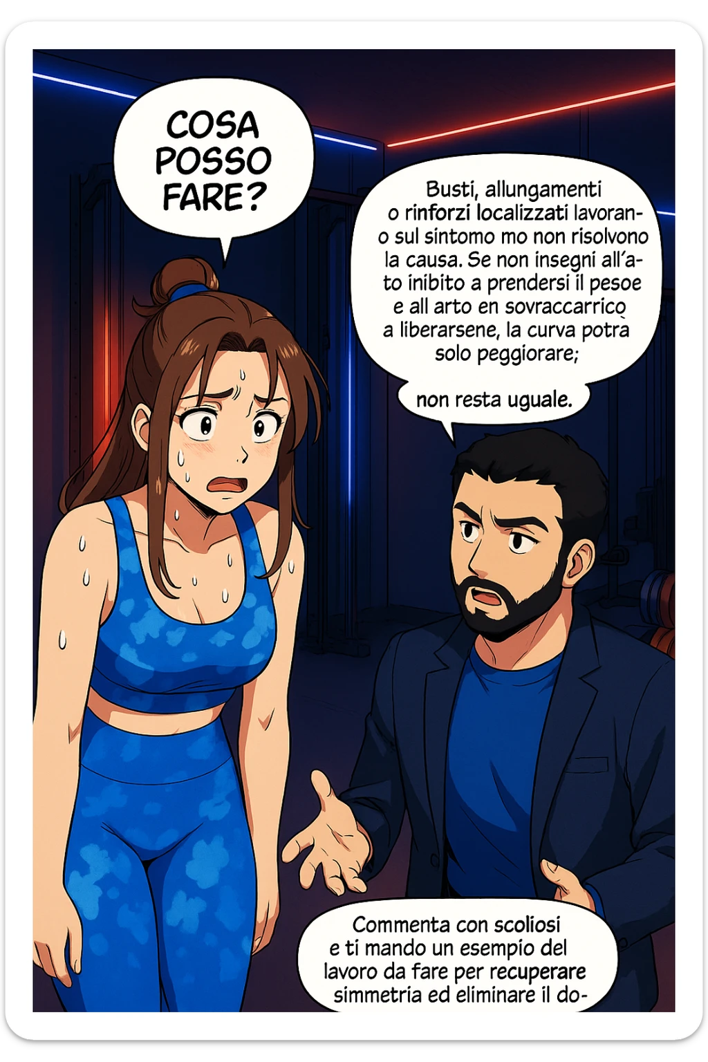 ispirati a questo stile di disegno e fai questa immagine in versione manga/webtoon a colori, il manga mostra la donna preoccupata che chiede: "COSA POSSO FARE?" E L'UOMO CHE RISPONDE: Busti, allungamenti o rinforzi localizzati lavorano sul sintomo ma non risolvono la causa. Se non insegni all’arto inibito a prendersi il peso del corpo e all’arto in sovraccarico a liberarsene, la curva potrà solo peggiorare; non resta uguale. Commenta con scoliosi e ti mando un esempio del lavoro da fare per recuperare simmetria ed eliminare il dolore. sticker