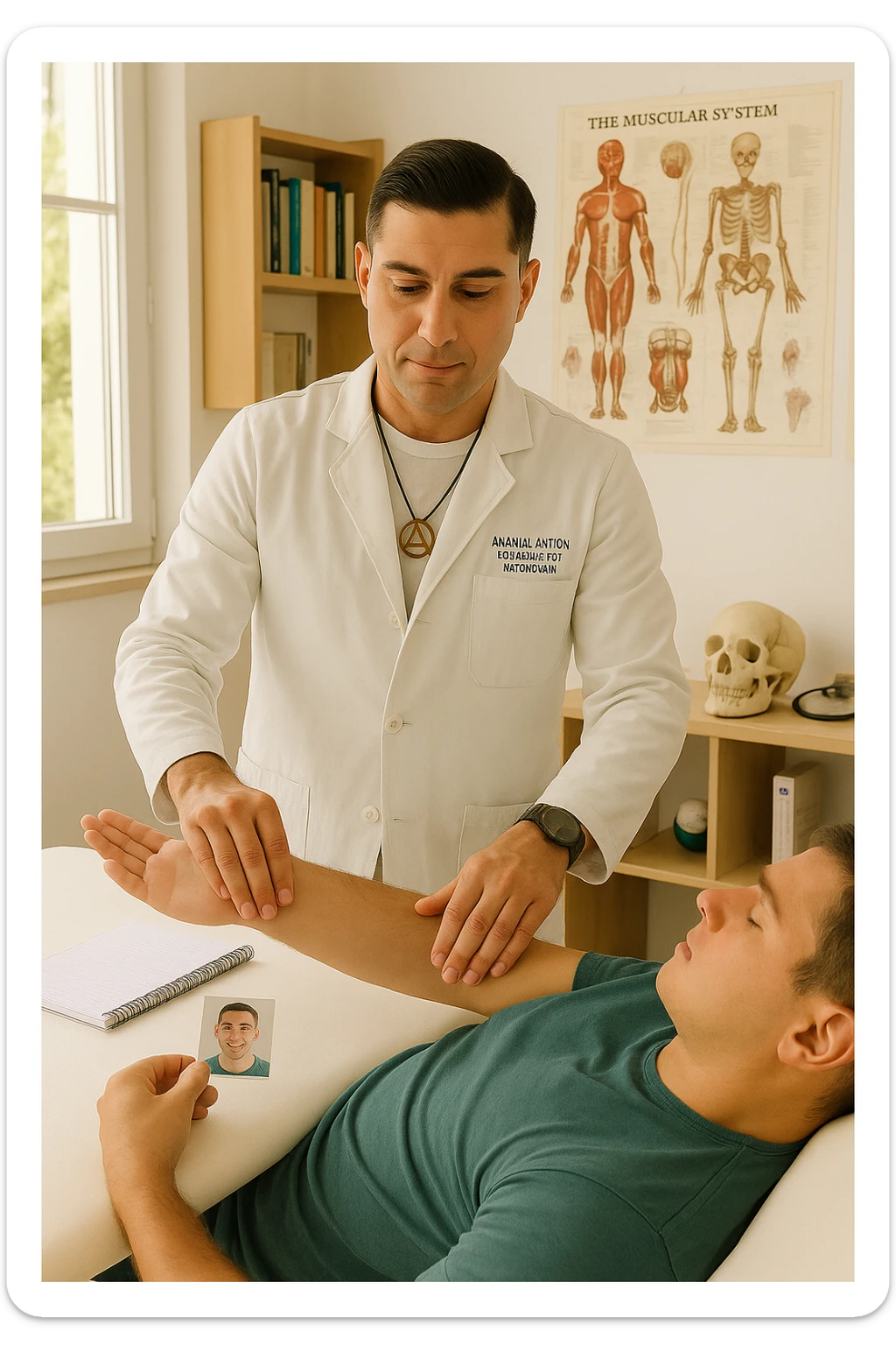 a middle-aged man, dressed in casual professional attire, is in a bright, organized therapy studio. Durante una visita di kinesiologia, il praticante tiene con una mano la foto di una persona lontana (il “testimone”) appoggiata su un tavolo, mentre con l’altra mano esegue un test muscolare su un cliente presente. Sullo sfondo si vedono libri di kinesiologia, poster anatomici e strumenti tipici della disciplina. L’atmosfera è concentrata e serena, con luce naturale che entra dalla finestra, sottolineando l’aspetto alternativo e umano della pratica. sticker