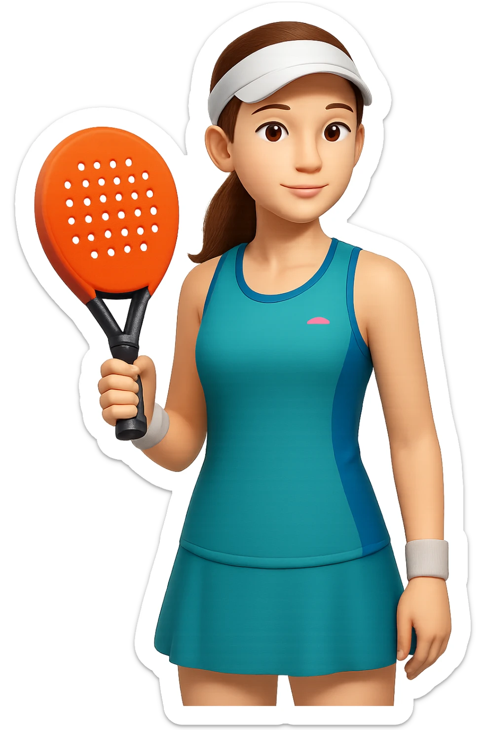 Change the image to depict a woman simply holding a padel racket in a neutral pose with no action, in emoji style, with no background. sticker