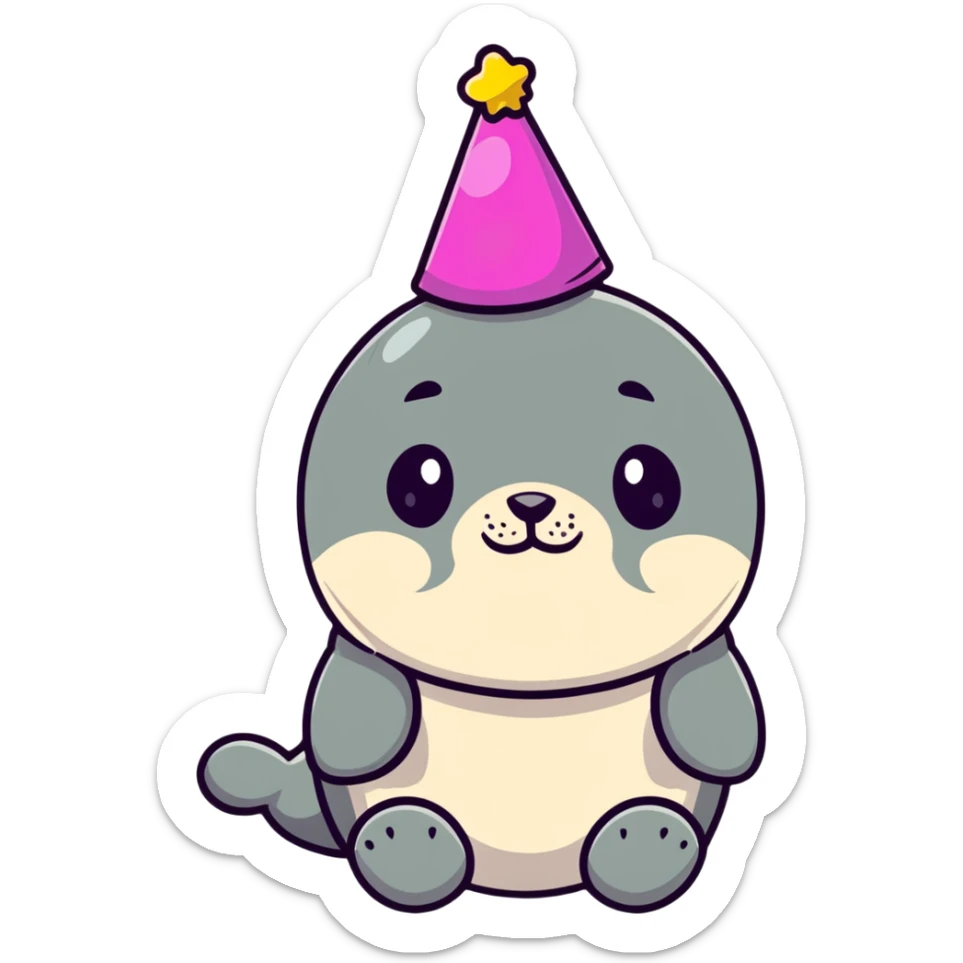 A cute seal wearing a colorful party hat, similar to a sustainable fuel plant logo sticker