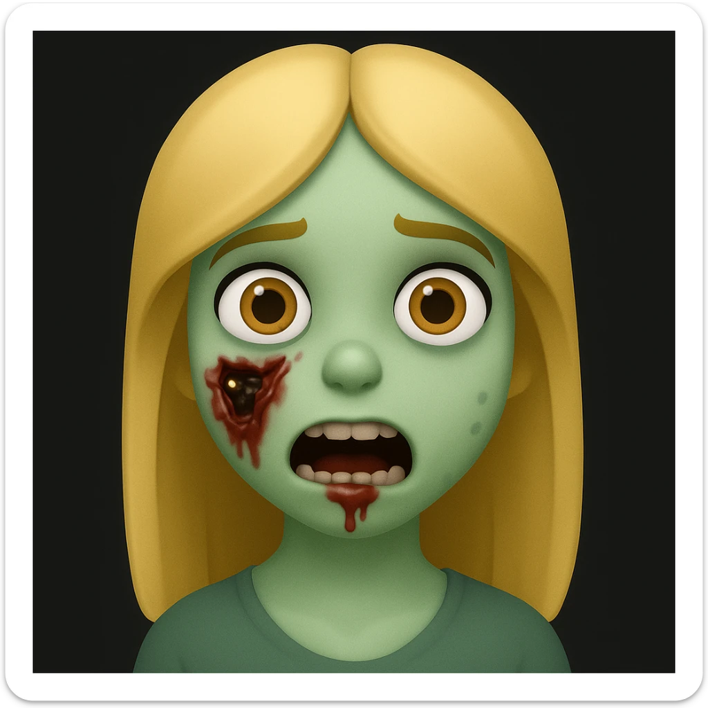 Create a girl zombie with blonde hair in the style of apple emojis, focusing on the zombie theme with blonde hair as the main feature. sticker