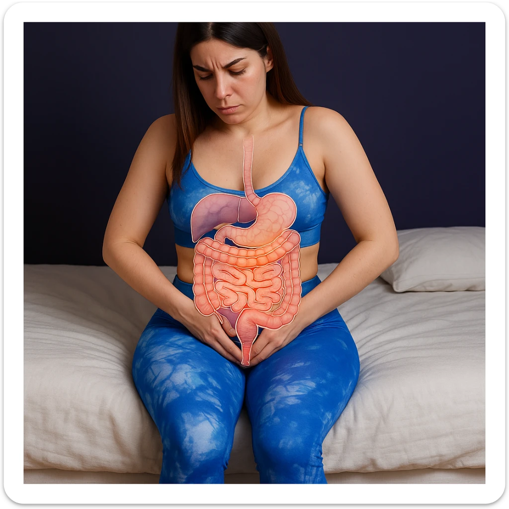A slender woman in 4K sitting on the edge of the bed, hands pressing on the lower abdomen, with a transparent overlay anatomical illustration of the intestine and pelvic floor, highlighting problematic areas, inspired by the reference photo. sticker