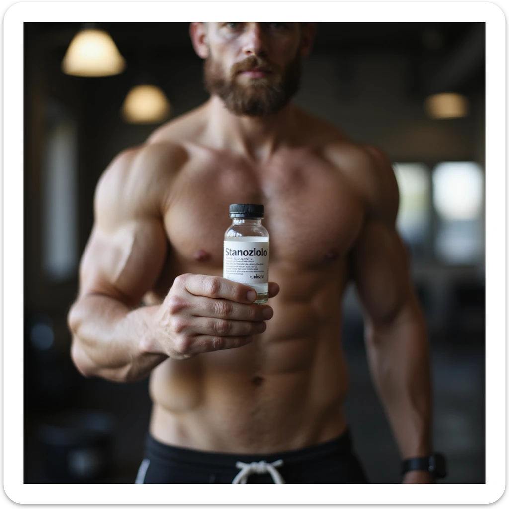 realistic photo of a crossfit athlete holding a vial labeled 'Stanozololo', prominent muscles, natural light, gym background sticker