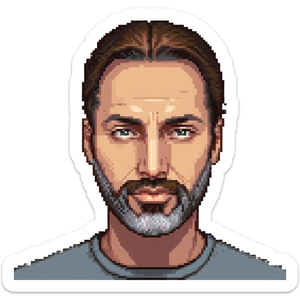 45-year-old man, brunette, hair slicked back, symmetrical facial features, medium nose, strong chin, espagnol beard sticker