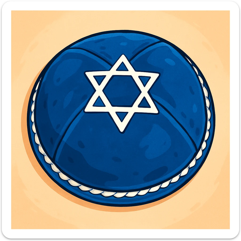 blue velvet Jewish kippah with white embroidery, viewed from above, soft cartoon style sticker