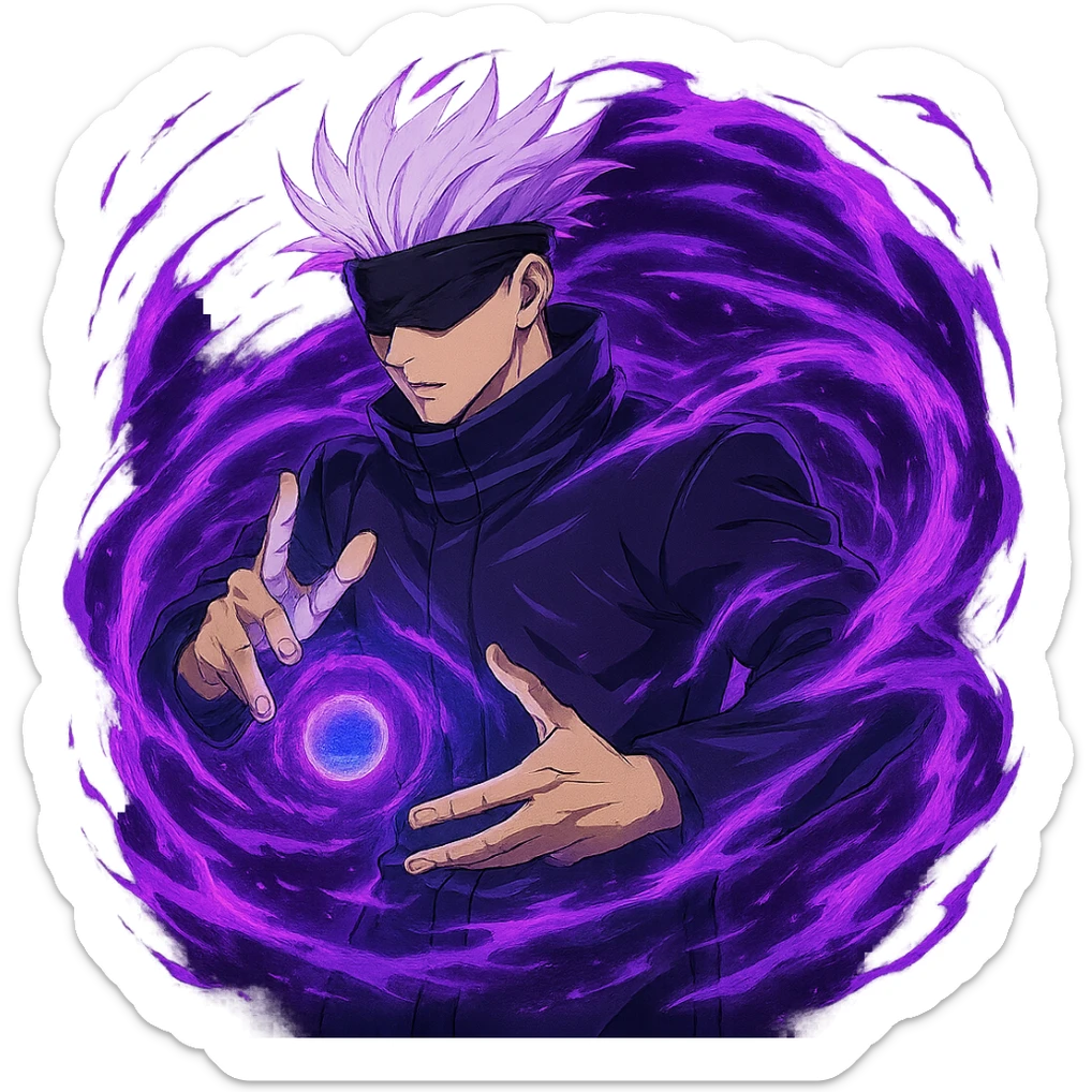 Add Hollow Purple effect with swirling purple and blue energy around Gojo Satoru, keeping his use of the infinity technique, in anime style, no background. sticker
