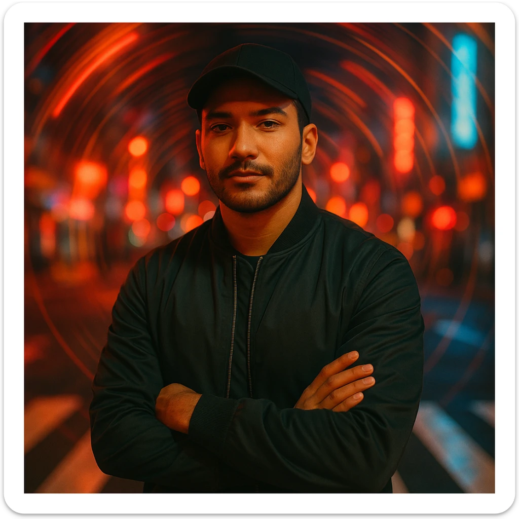 Create a nighttime cinematic photo of a Southeast Asian man in his early 30s with sawo matang skin, standing in a crosswalk with neon city lights and spiral motion blur. The man has a relaxed but solid posture, black cap, bomber jacket, confident expression, soft light on face, warm tones, fashion editorial look. Use the reference image for facial features. sticker