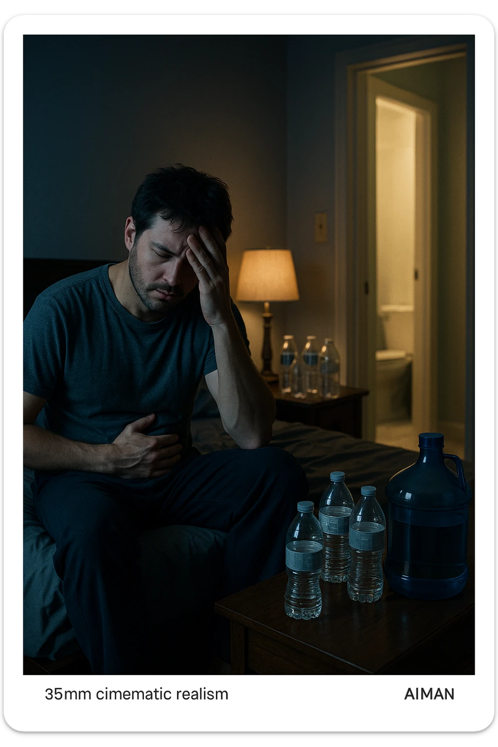 A cinematic scene of a man in his 30s sitting on the edge of his bed at night, clearly tired and frustrated. On his nightstand are several empty water bottles and a large reusable water jug, suggesting excessive hydration. A dim lamp casts soft shadows in the room, and the door to the bathroom is open with light spilling out — symbolizing repeated nightly visits. The man holds his head in one hand, while the other rests on his abdomen, eyes heavy with fatigue. The atmosphere is quiet and introspective. Cool color grading with deep blues and pale yellows enhances the nighttime mood. Style: 35mm cinematic realism, with attention to emotional detail and ambient lighting sticker