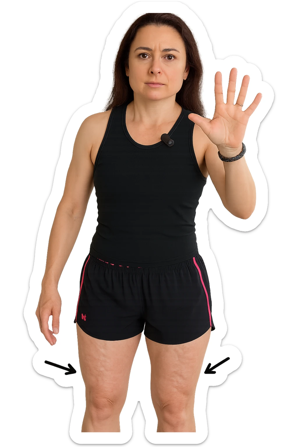 Donna con cellulite sulle cosce indica le cosce che sono infiammate di cellulite con frecce ad indicare  senza mano alzata come in foto. sticker