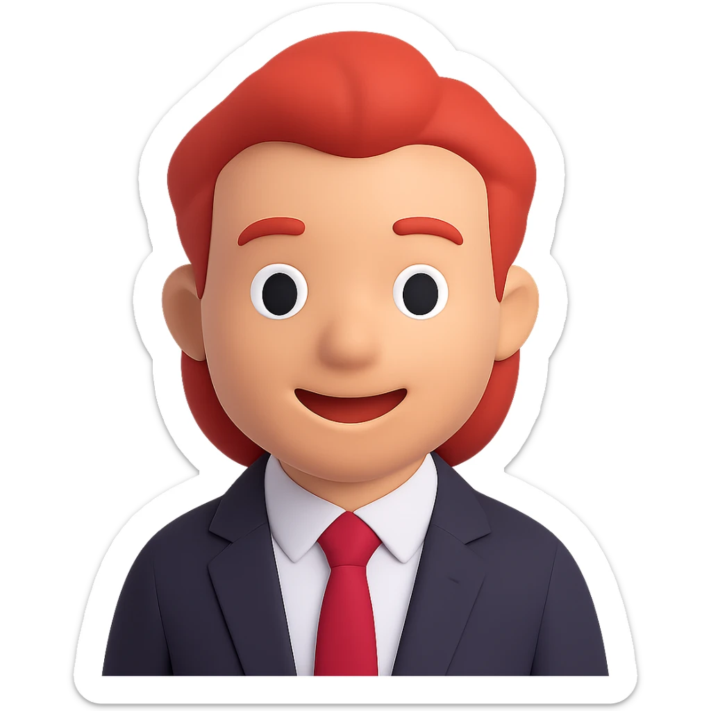 Headshot of a red-haired man in a black suit with a red tie, smiling, showing only the head and a bit of the torso, no beard, 3D emoji style, with no background. Use 3D emoji style as a reference for the general editor. sticker