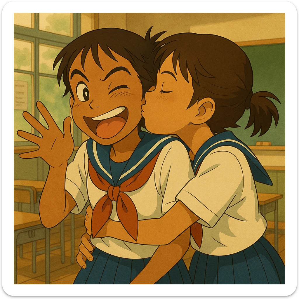 Add a friend to the Japanese brown-skinned high school girl, both in Tokyo school uniforms, sharing a quick, sneaky kiss on the cheek (classmate not shown), playful and energetic, Japanese classroom background, in Ghibli anime style. sticker
