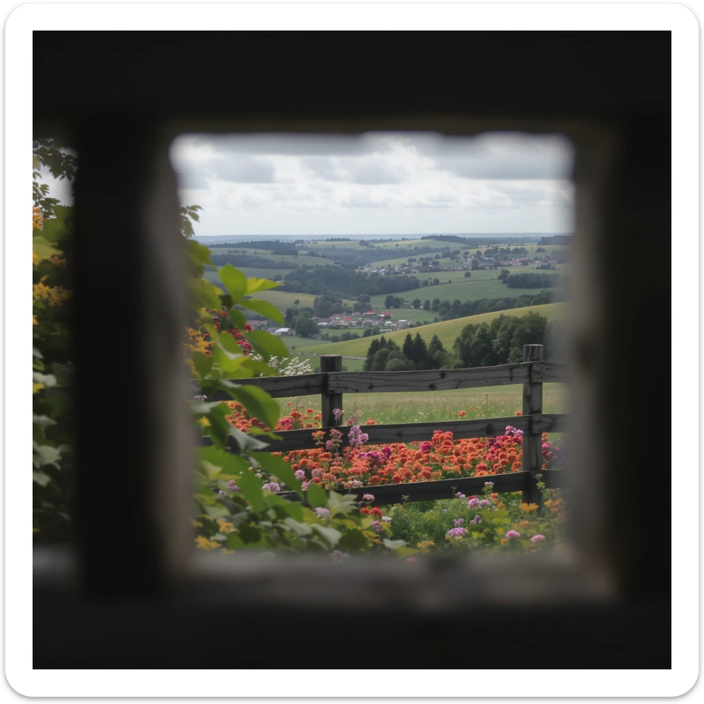 "Two shot" in the foreground, blurred plants in the foreground (frame within a frame), a wooden fence and colorfull flowers in the midground, Poland, rolling hills in the background, cinematic depth of field, layered composition, natural lighting sticker