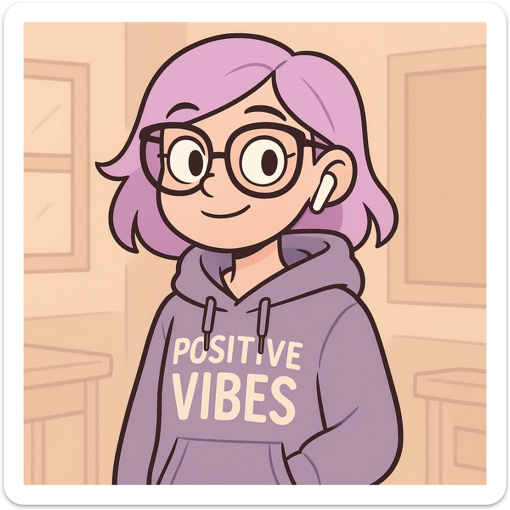 cute and modern digital avatar of a teenage girl with pastel lavender dyed hair, oversized glasses, stylish hoodie with English phrases, wireless earbuds, confident and friendly expression, standing in front of a soft background with abstract classroom or city elements, clean 2D digital illustration, slightly cartoonish but polished, Instagram-style color palette sticker