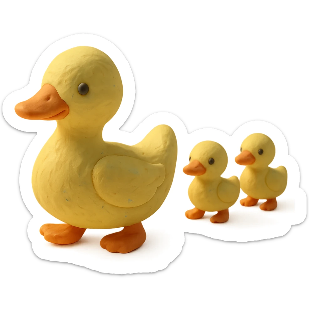 mother duck with ducklings following her, playful and cute, pastel colors, visible fingerprints, claymation style sticker