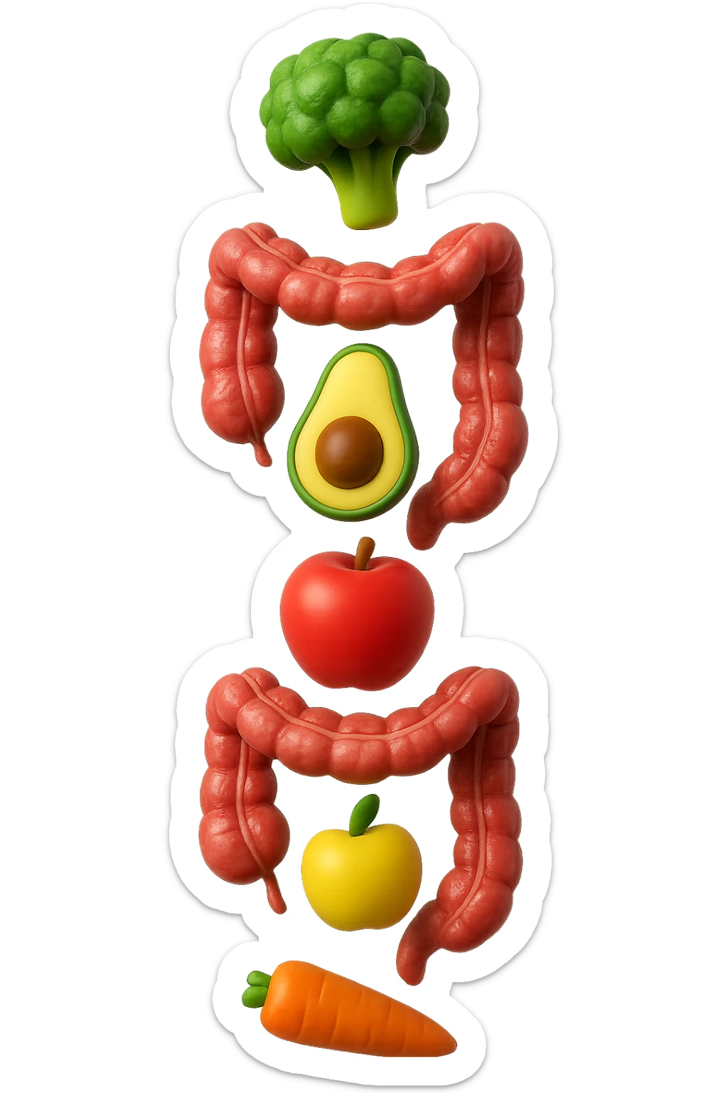 emoji stile iphone in 3d di cibo sano che fluttua in aria vericalmente insieme a pezzi di colon umano anatomico, iperrealistico 4k sticker