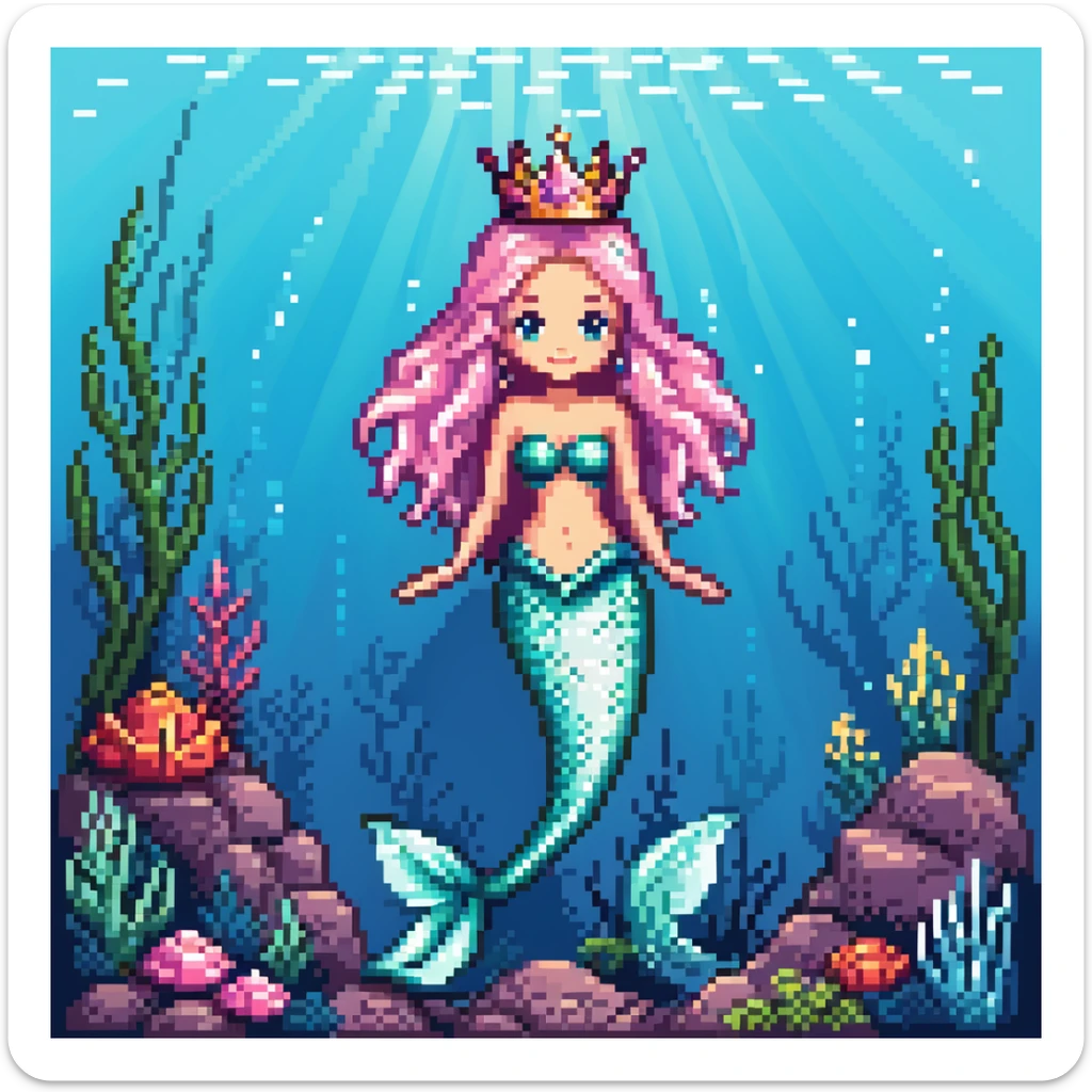 Dark brown skin mermaid princess with crown and shimmering tail in underwater kingdom sticker