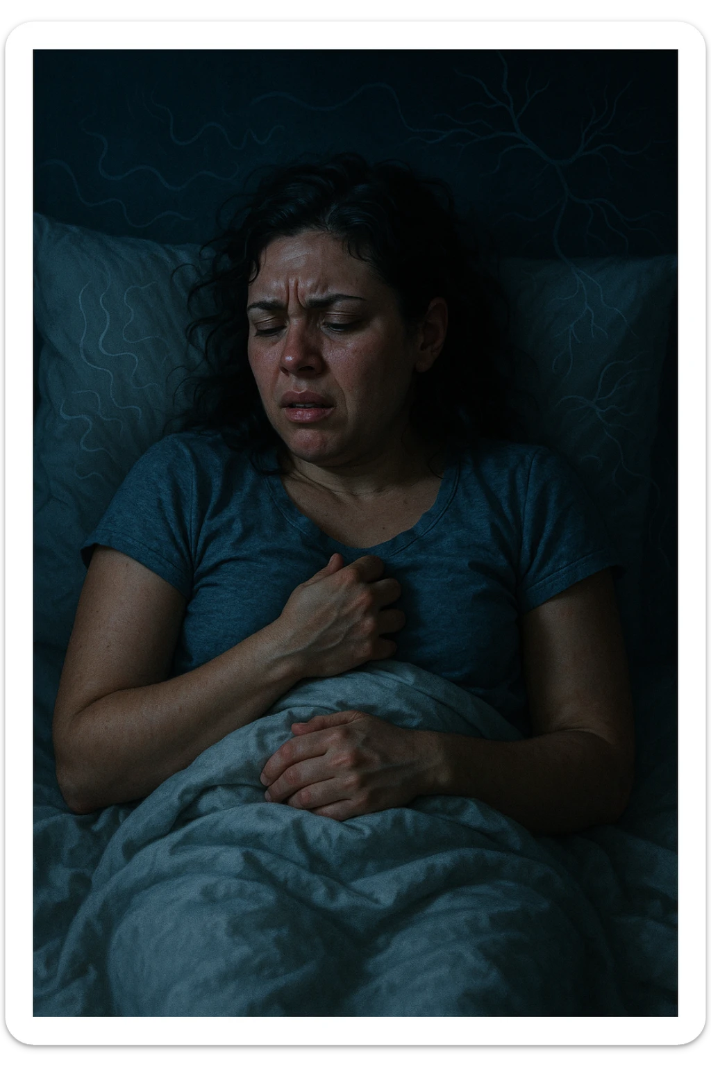 realistic and cinematic vertical illustration of a woman with PCOS in bed, showing sleep disorders and autonomic nervous system imbalance, signs of agitation and discomfort, symbols of nervous system imbalance, nighttime atmosphere, 2:3 aspect ratio, very few writings sticker