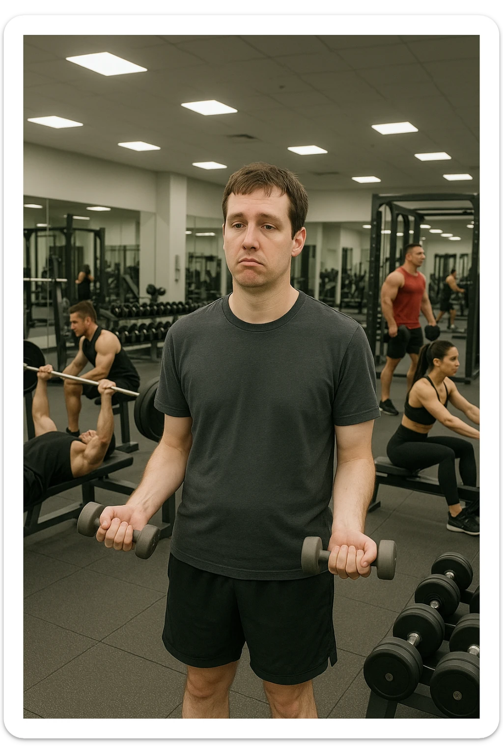Uomo in palestra moderna, vestito con abbigliamento sportivo, mentre solleva manubri molto leggeri con espressione annoiata o poco coinvolta. Intorno a lui, altri atleti si allenano intensamente. Il suo fisico appare poco sviluppato o non in progresso. Atmosfera statica, senza sudore o fatica visibile, specchi puliti e attrezzi poco usati. Luce artificiale da palestra, ambiente pulito ma scena visivamente 'vuota' di sforzo sticker