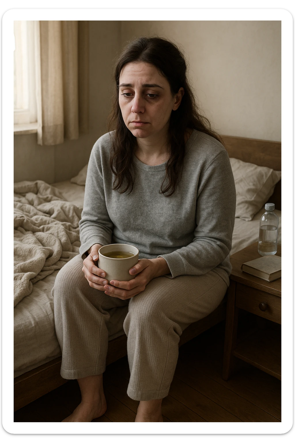 A realistic, cinematic illustration of a woman in her early 30s with a tired, pale appearance, sitting on the edge of her bed in a softly lit bedroom during the morning, looking exhausted and drained. Her posture is slightly slouched, and dark circles are visible under her eyes. She wears comfortable loungewear, holding a warm cup of herbal tea in her hands, seeking comfort. The scene includes a cozy yet slightly messy room with a blanket, a water bottle, and a book on the nightstand, emphasizing chronic fatigue. Soft natural light comes through the window, highlighting her expression of persistent tiredness despite rest, capturing the invisible struggle of chronic fatigue syndrome while maintaining dignity and a gentle aesthetic. sticker