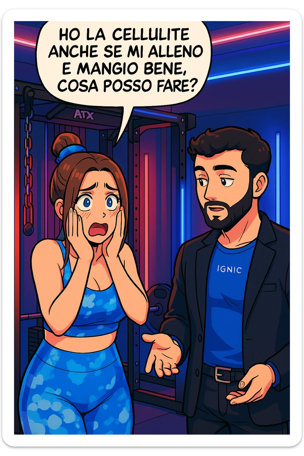 TRASFORMA QUESTO CAROSELLO IN UN FUMETTO STILE WEBTOON/MANGA A COLORI CON QUESTE DUE PERSONE IDENTICHE CHE INTERLOQUISCONO TRA LORO, LA DONNA è DISPERATA CON LE MANI SULLE GUANCE E STA DOMANDANDO TUTTA AGITATA UNA COSA ALL'UOMO:

LEI (DONNA): Ho la cellulite anche se mi alleno e mangio bene, cosa posso fare? sticker