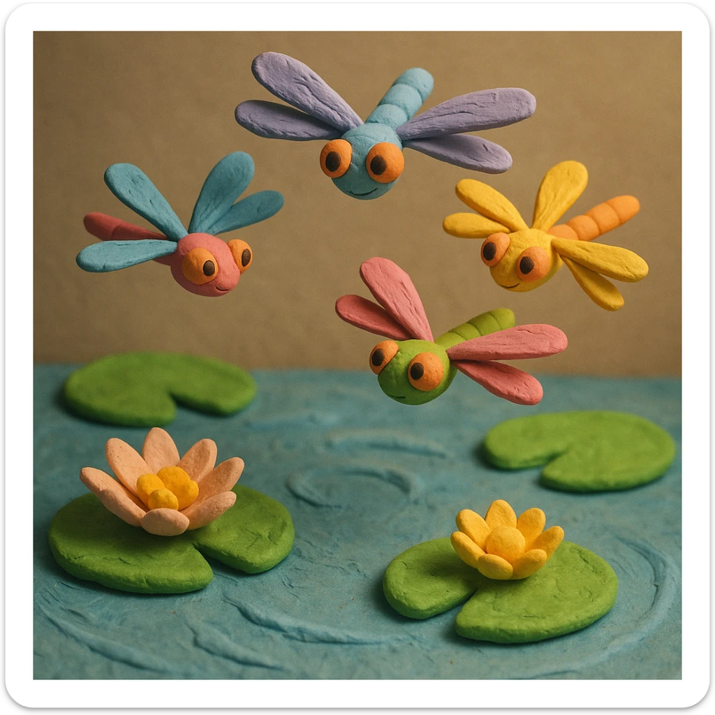 claymation style dragonfly family flying in a circle above water lilies, colorful and whimsical, soft lighting sticker