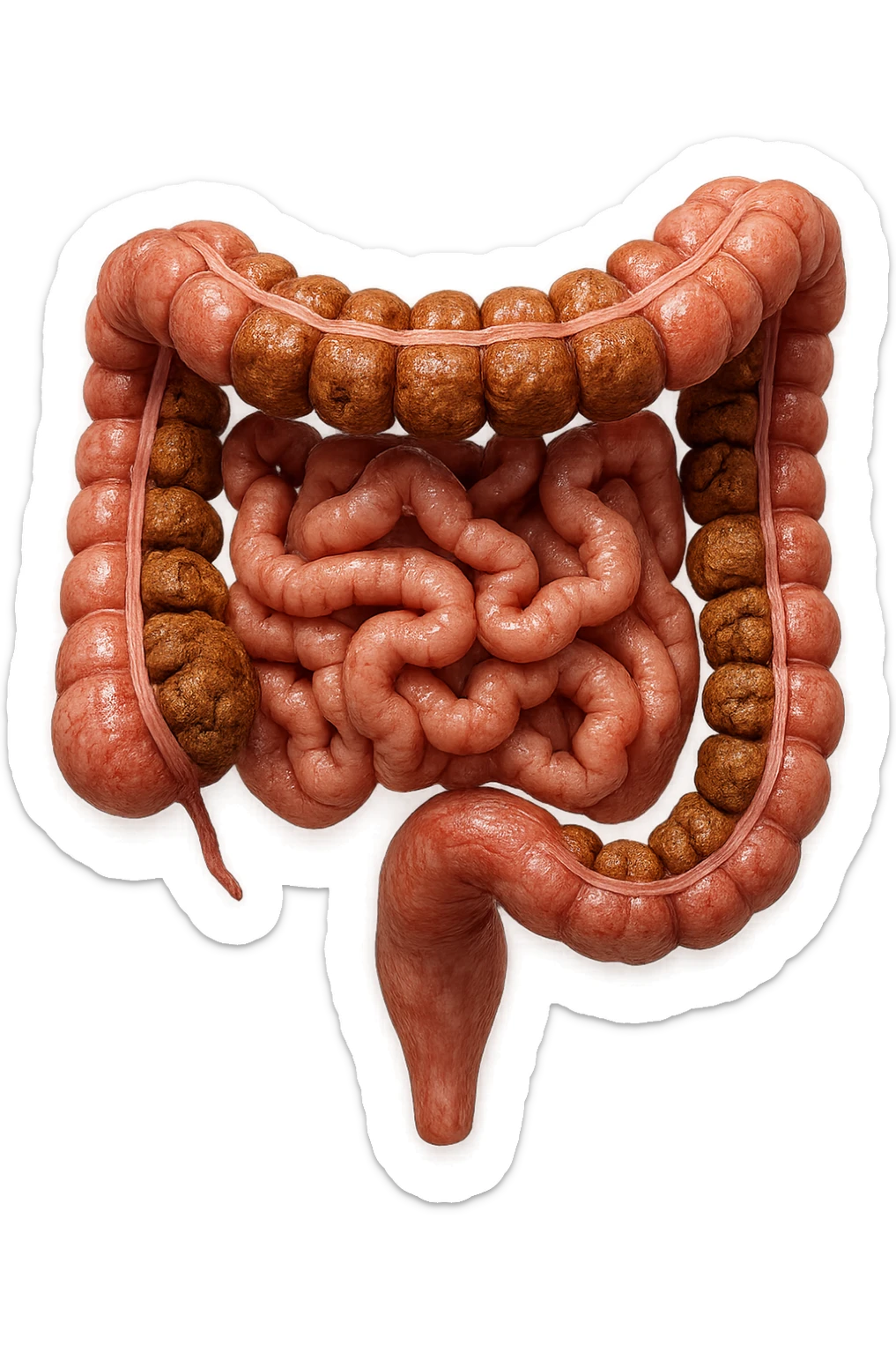 intestino umano anatomico con colon pieno di feci spezzettate, iperrealistica 4k sticker