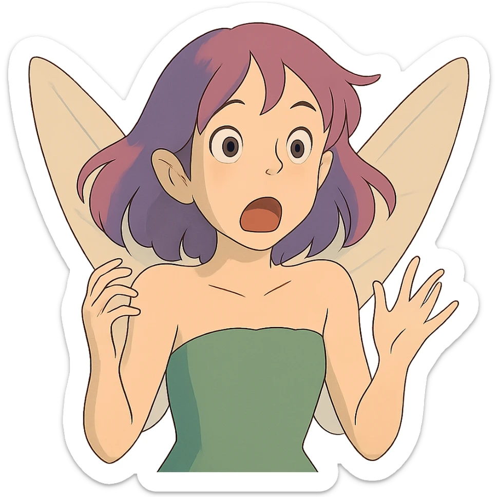 ghibli style white girl with purple and pink hair, shocked fairy expression sticker