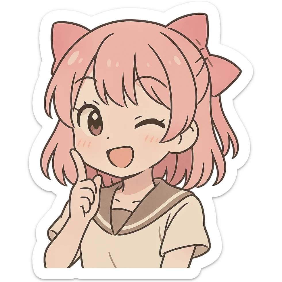 cute female character with pink hair ribbon, simplified anime style, playful expression sticker