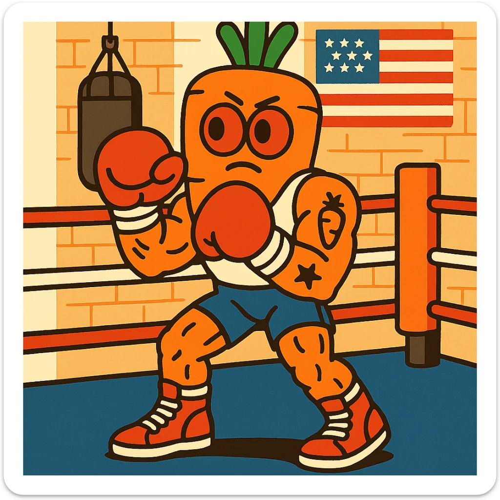 muscular carrot character as a boxer, wearing high-top sneakers, white tank top, big slightly flat red cartoon eyes, bandaged hands, tattoos, in a vintage 1980s American boxing gym, American 80s style, cartoon style sticker