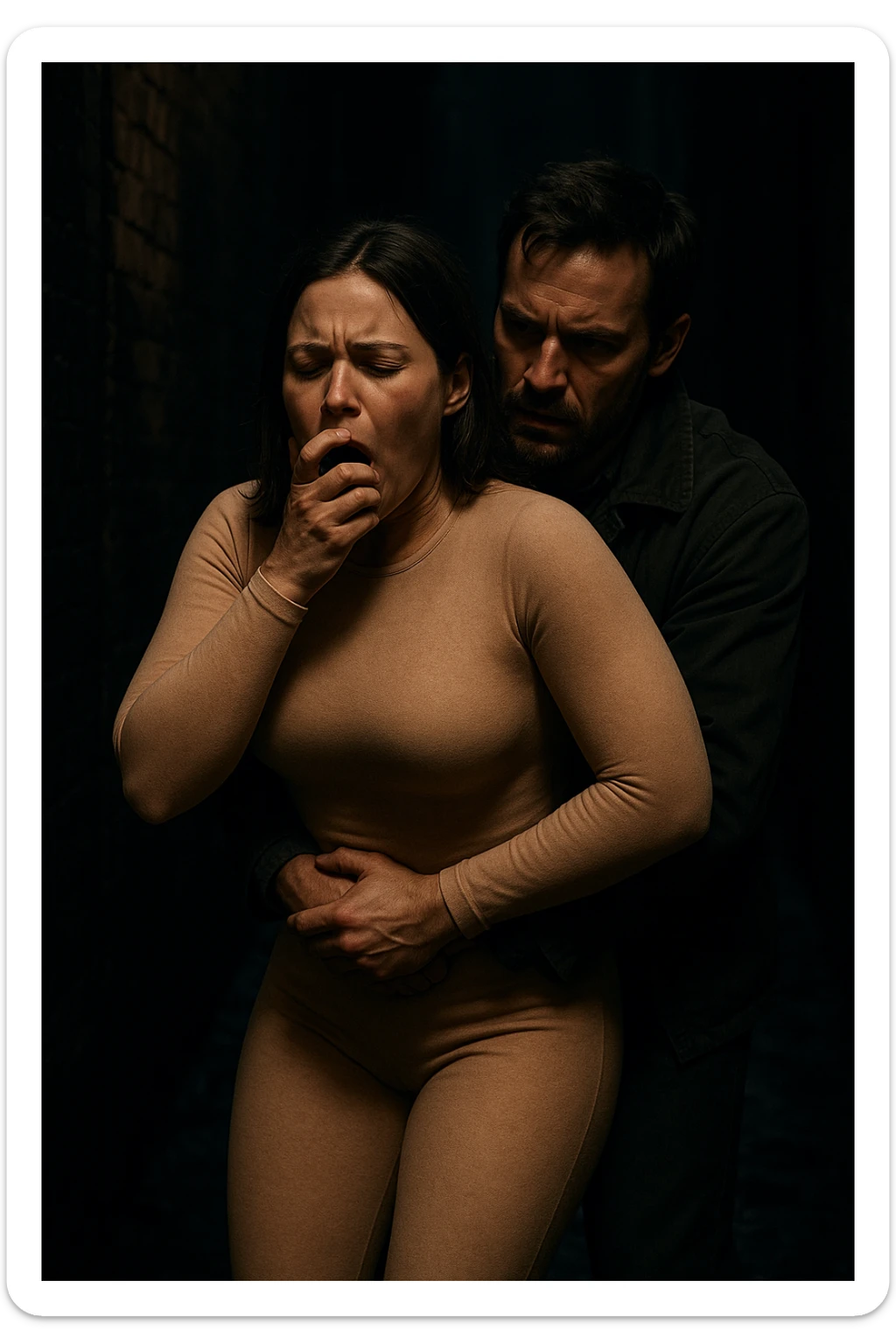 caught by a man performing a Heimlich maneuver on her in the dark alleyway, skintone thick skintight bodysuit, light skin sticker