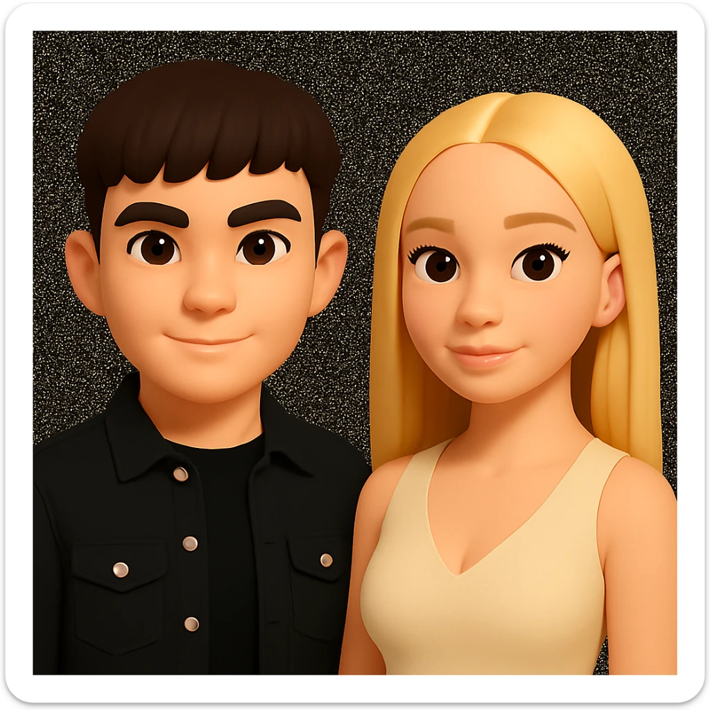 Slightly increase the volume of the upper body of the girl, significantly spread them apart from each other, make the skin color the same for both characters, keep the cartoon style as in the original image. sticker