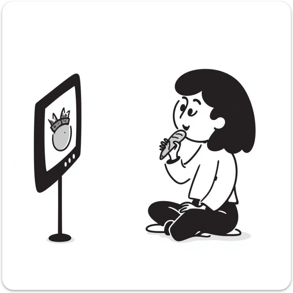 sketch of girl watching TV and eating, simple lines sticker