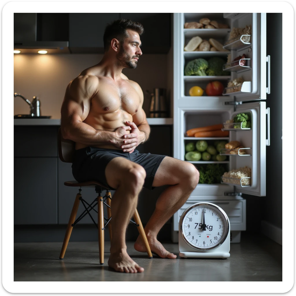 hyperrealistic 4K image of a man in fitness attire sitting on a kitchen chair holding his stomach, scale with '75kg' next to him, open fridge packed with chicken, rice, broccoli sticker