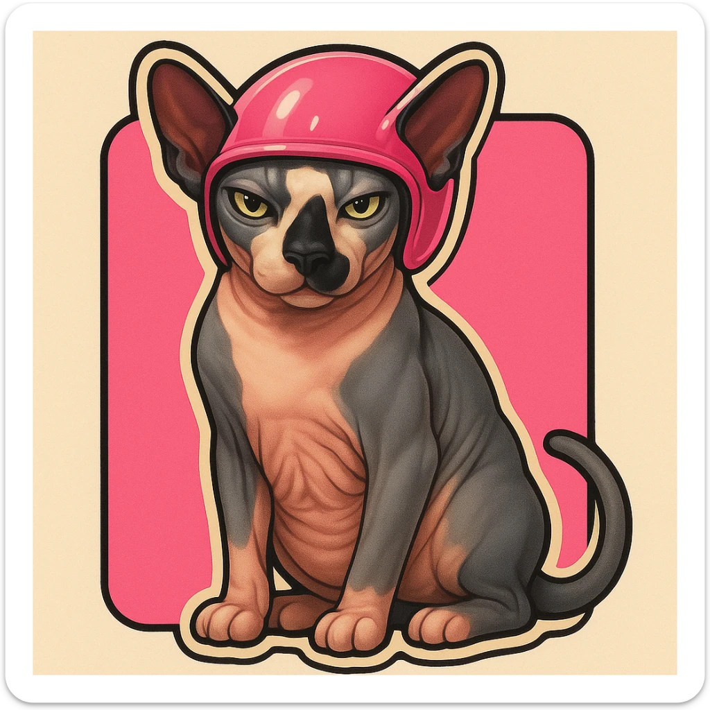 Canadian Sphynx cat with coloring as in the photo, sticker style, with a pink background, with a pink helmet sticker