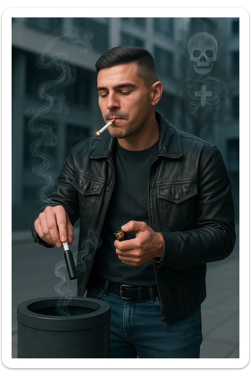 Adult man in casual clothes, inspired by the face in the reference photo, throwing an electronic cigarette into a trash bin while lighting a traditional cigarette with the other hand. Satisfied but unaware expression. In the background, light symbols of smoke and health damage manifesting from both cigarettes. Urban atmosphere, cold light, critical or reflective tone. Realistic style with symbolic accents. sticker