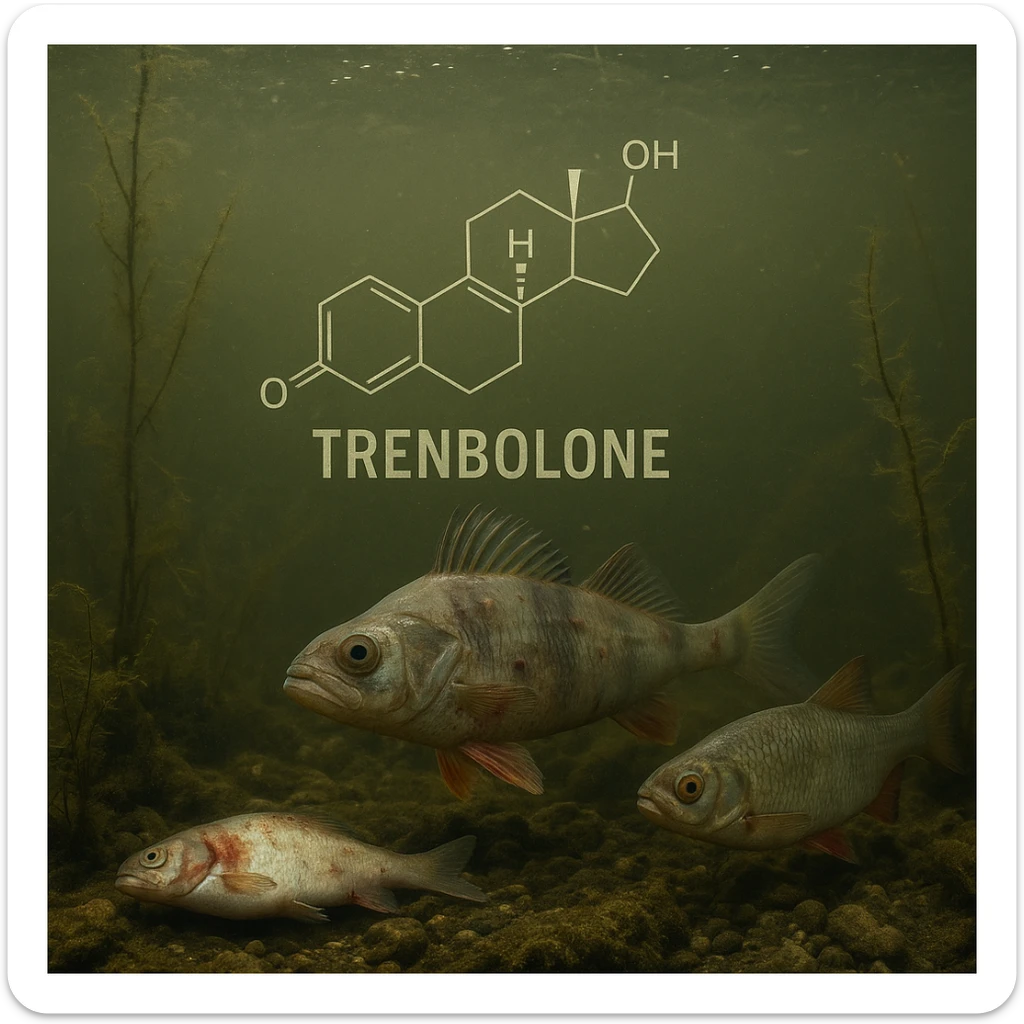 realistic aquatic ecosystem with fish, presence of trenbolone molecules in the water represented by symbols or labels, serious atmosphere, visible negative effects on fish or environment, realistic details sticker