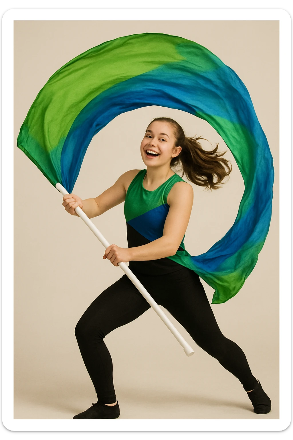 colorguard girl spinning a green and blue flag, dressed in black leggings and a green and blue top, dynamic movement, cheerful expression sticker