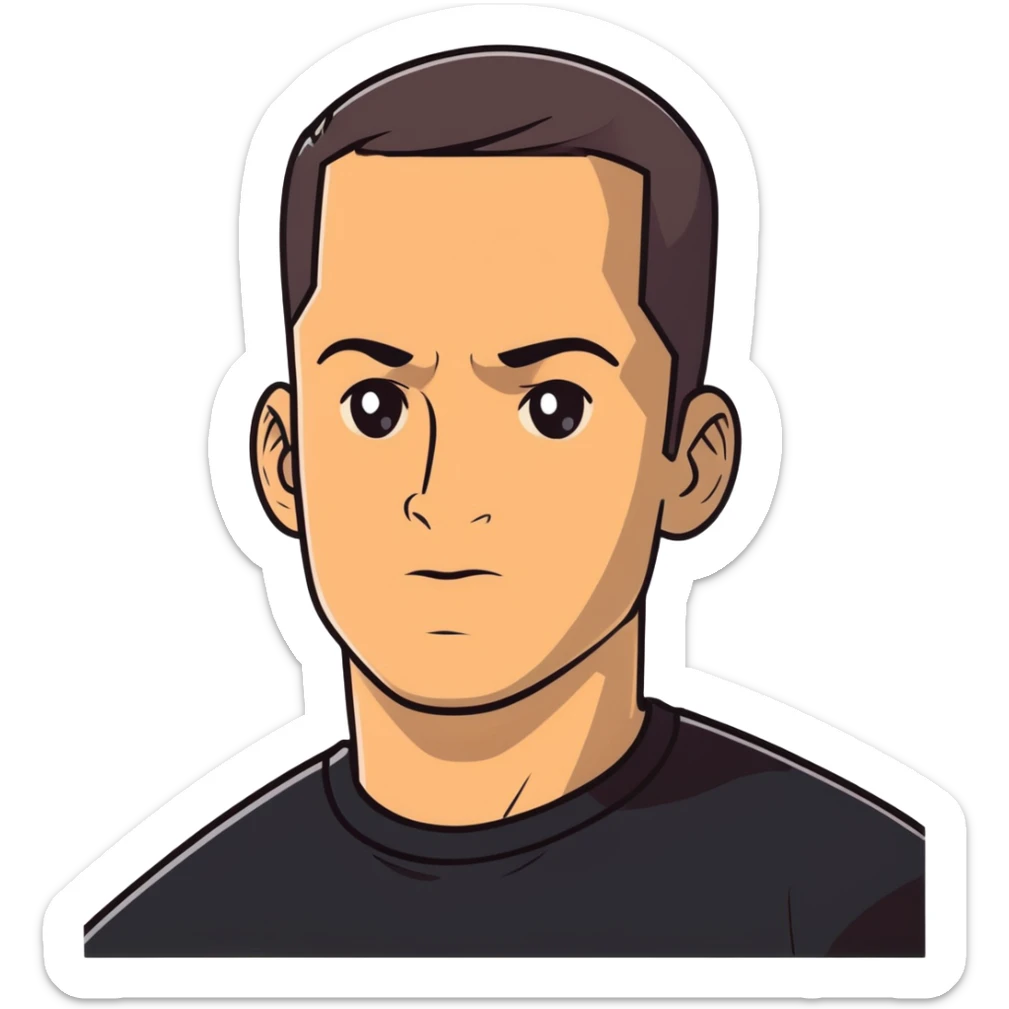 Attractive man in his 40s with youthful appearance, light brown skin, elongated face, defined jawline, medium dark eyes, arched eyebrows, straight nose, handsome friendly expression, short dark hair styled upward, athletic build, wearing a fitted black t-shirt sticker