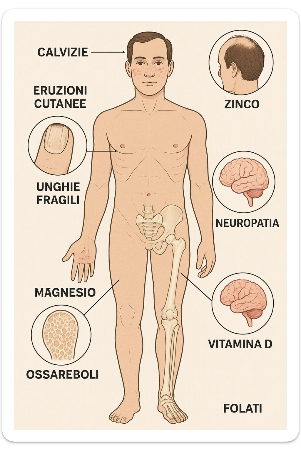 corpo umano in carenza di micronutrienti come zinco, magnesio, vitamina D, folati, in italiano sticker