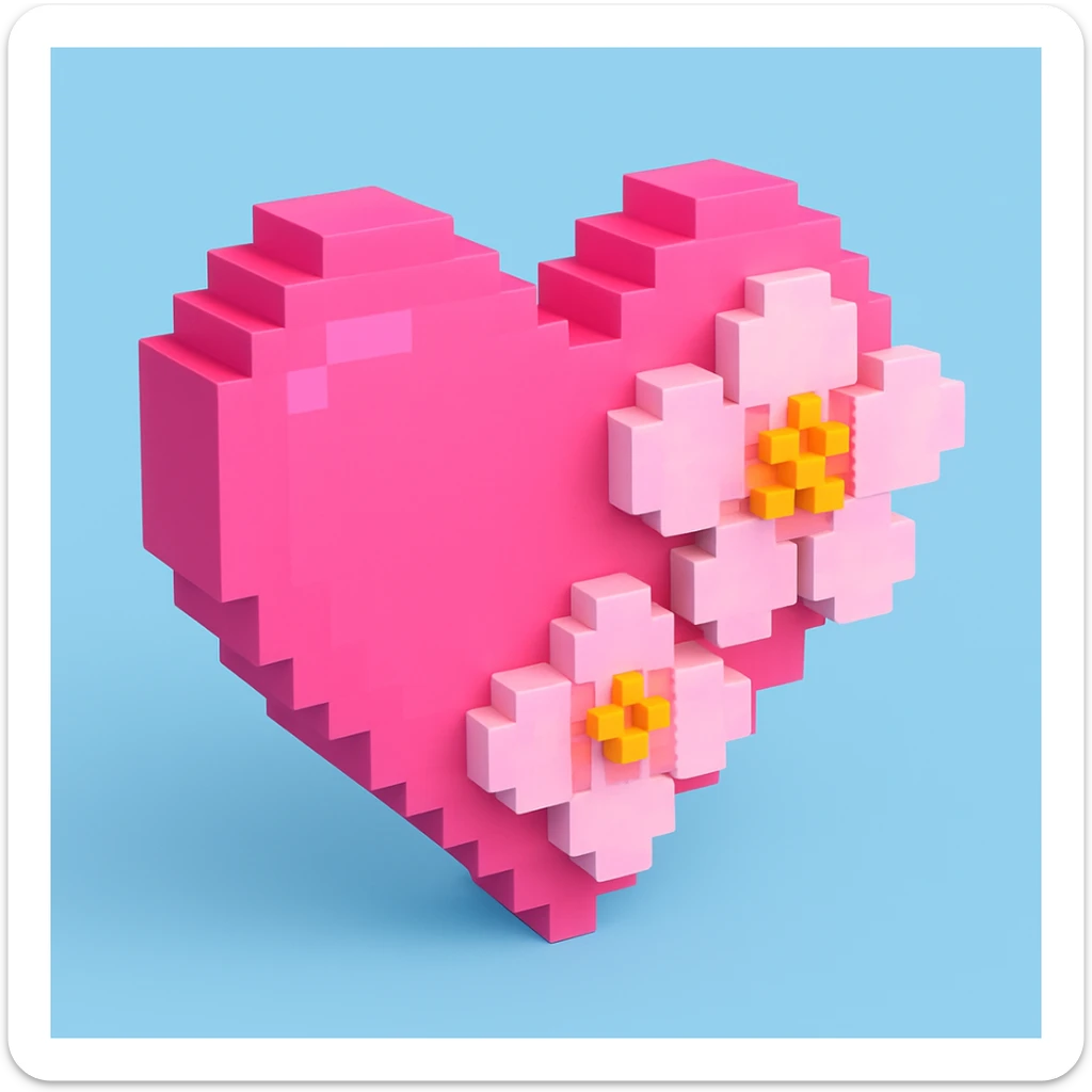 pink heart with sakura flowers, voxel style sticker