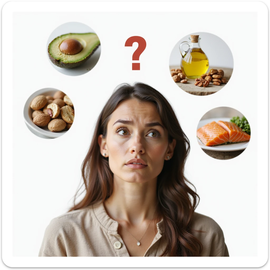 realistic woman with confused expression, surrounded by realistic icons of healthy fats (avocado, olive oil, nuts, salmon), question mark above head, hyperrealistic details, natural light, PNG without background, variant 1 sticker