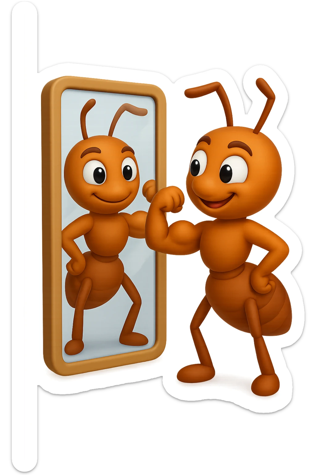 EMOJI STILE IPHONE 3D DI una formica che si guarda allo specchio felice e sicura di sè mentre contrae il suo bicipite muscoloso, fagli anche la parte bianca degli OCCHI, non solo la pupilla sticker