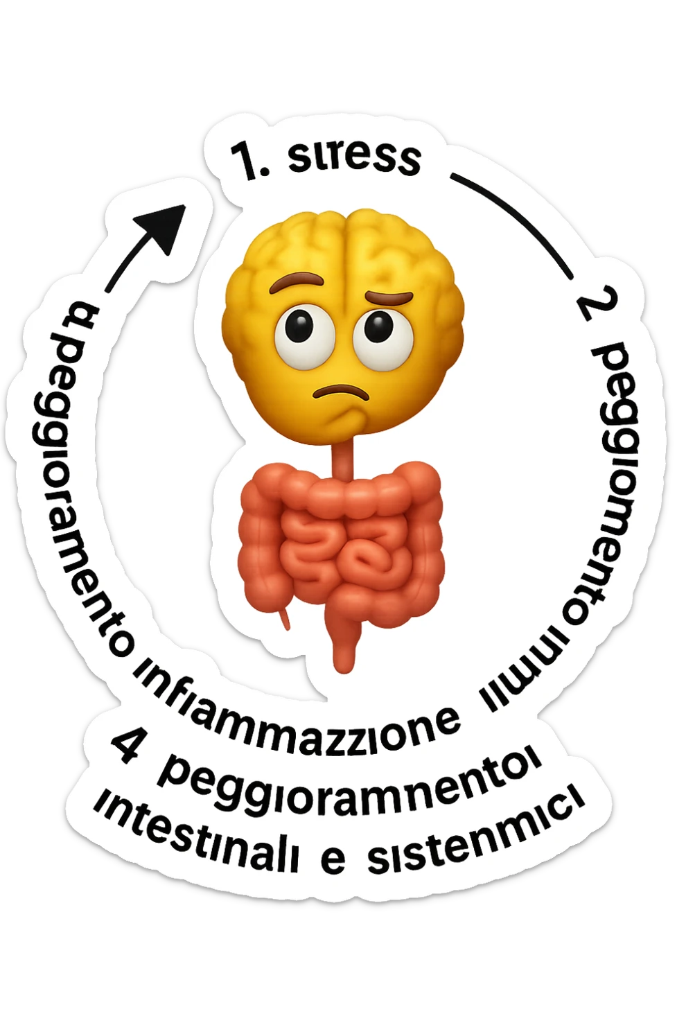 EMOJI STILE IPHONE 3D DI un cerchio con queste scritte che girano intorno in ordine per come li ho scritti "1. stress → 2. peggioramento intestinale → 3. aumento infiammazione → 4. peggioramento sintomi intestinali e sistemici." al centro del cerchio metti un cervello e intestino umani collegati verticalmente con espressione dubbiosa in volto, FALLO MOLTO REALISTICO IN 3D sticker