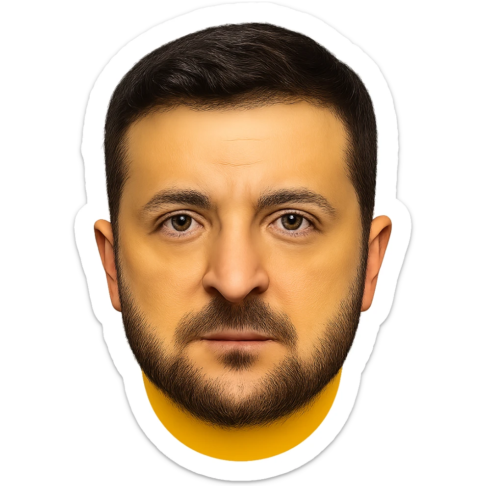 emoji-style portrait of Vladimir Zelensky with a yellow round face, very recognizable and detailed facial features, realistic eyes, hair, and beard, high quality sticker